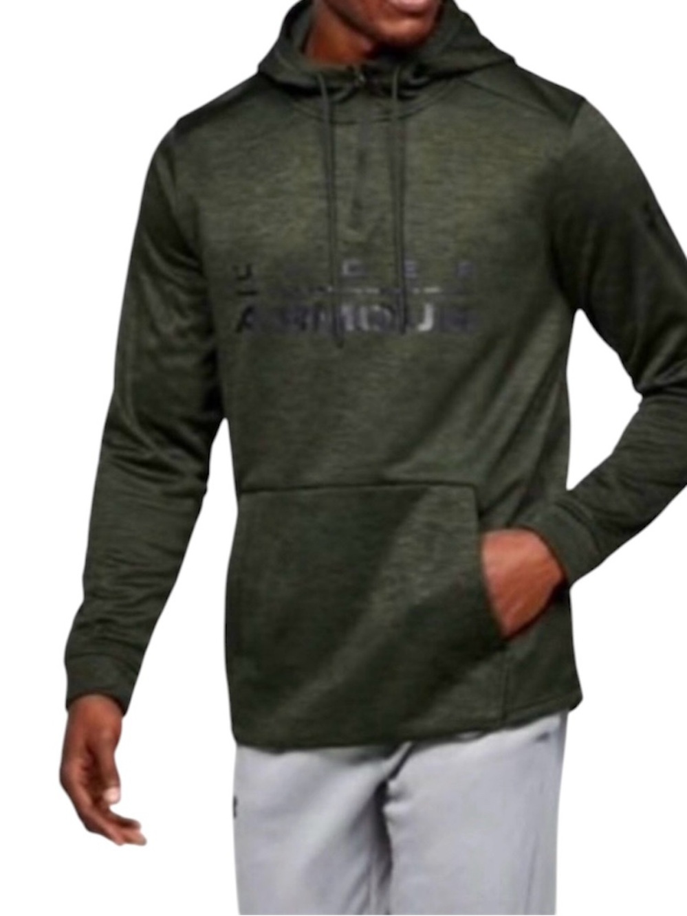 Under Armour Dark Army Green Pullover Hoodie Spell Out Logo Kangaroo Pocket Lrg